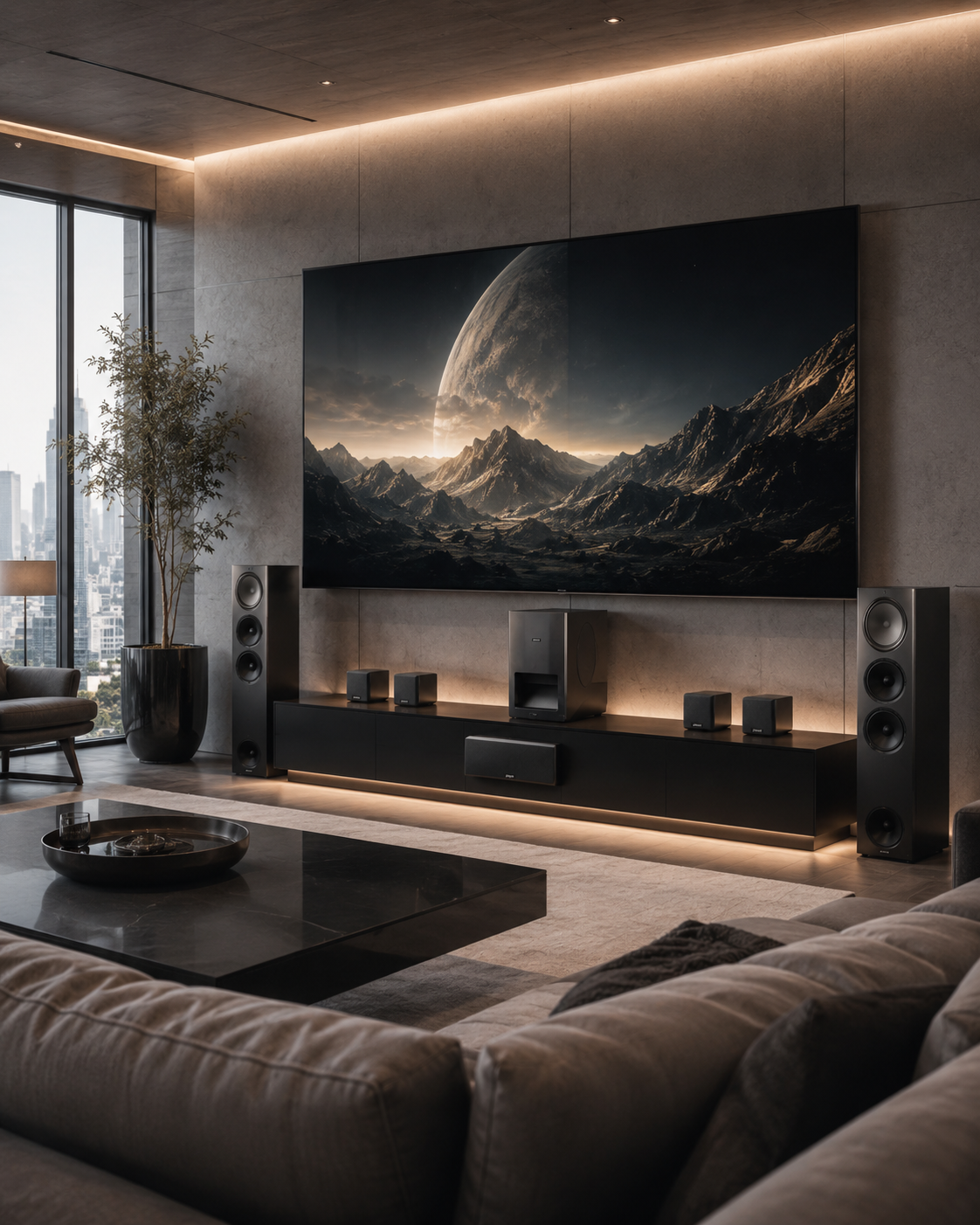 Modern bright living room with audio system